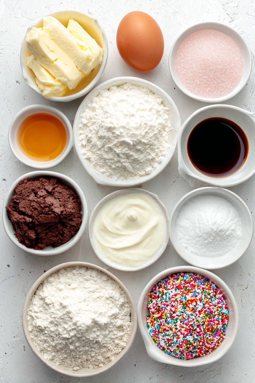 Frosted Sugar Cookie, easy sugar cookies, soft sugar cookies, homemade sugar cookies, cookie frosting - Flat lay of a small white ceramic bowl of softened unsalted butter, a small bowl of granulated sugar, a small bowl of powdered sugar, one whole clean brown egg, a small bowl of vegetable oil, a small bowl of vanilla extract, a small bowl of almond extract, a neat pile of all-purpose flour, a small mound of cornstarch, a small pile of baking powder, a small heap of salt, a small white bowl of milk, and a neat pile of colorful sprinkles, all arranged symmetrically on a clean white marble surface, soft natural light, photo taken with an iPhone, professional food photography style, fresh ingredients, white ceramic bowls, no bottles, no duplicates, no utensils, no packaging --ar 2:3 --v 7 --p m7354615311229779997