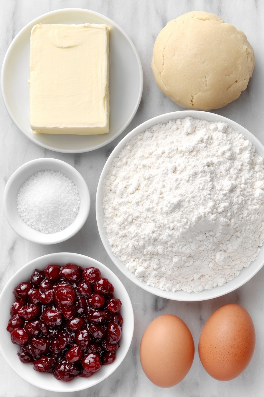 Cherry Cheesecake Cookies, Creamy cheesecake cookies, Cherry pie filling cookies, No-bake cheesecake cookies, Easy cherry cookies - Flat lay of a block of fresh cream cheese, a small mound of all-purpose flour on a white ceramic plate, a ball of pale beige refrigerated sugar cookie dough, a small white bowl filled with bright red cherry pie filling with whole cherries visible, a small white bowl containing granulated sugar crystals, two whole brown eggs with clean shells placed near the center, all arranged in perfect symmetry on a simple white ceramic surface, placed on a clean white marble surface, soft natural light, photo taken with an iPhone, professional food photography style, fresh ingredients, white ceramic bowls, no bottles, no duplicates, no utensils, no packaging --ar 2:3 --v 7 --p m7354615311229779997