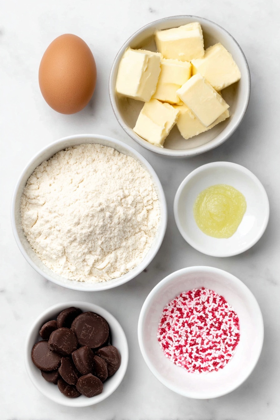 Green Hershey’s Kiss Cookie Cups, festive holiday cookie recipes, easy chocolate cookie bites, no-bake cookie cups, green candy cookie treats - Flat lay of a small mound of pale off-white sugar cookie mix, a small white ceramic bowl filled with fine all-purpose flour, a whole large brown egg, a small white ceramic bowl holding soft unsalted butter at room temperature, a tiny dollop of vivid green gel food coloring on a white ceramic dish, a neat pile of shiny silver Hershey’s Kisses, and a small white ceramic bowl containing bright red heart-shaped candy sprinkles, all arranged in perfect symmetry on a clean white marble surface, soft natural light, photo taken with an iPhone, professional food photography style, fresh ingredients, white ceramic bowls, no bottles, no duplicates, no utensils, no packaging --ar 2:3 --v 7 --p m7354615311229779997