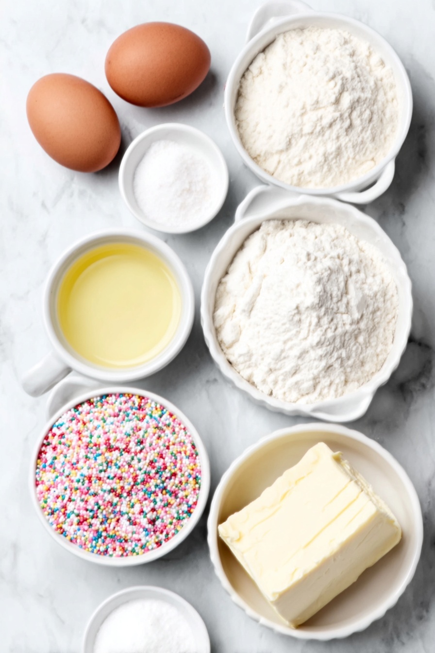 Confetti Cake Mix Cookies, colorful sugar cookies recipe, easy celebration cookies, vibrant sprinkles cookie recipe, soft chewy cake mix cookies - Flat lay of two whole uncracked large brown eggs, a small white ceramic bowl filled with pale golden vegetable oil, a neat pile of white confetti cake mix powder, a small mound of fine white baking powder powder, a small white ceramic bowl of bright rainbow sprinkles, a chunk of unsalted butter softened to room temperature, a block of original brick-style cream cheese, a small white ceramic bowl filled with sifted white confectioners’ sugar, a small white ceramic bowl with clear vanilla extract, a tiny white ceramic bowl containing fine white salt, another small white ceramic bowl with colorful confetti sprinkles placed symmetrically around, all ingredients fresh and natural, arranged in perfect symmetry on a clean white marble surface, soft natural light, photo taken with an iPhone, professional food photography style, fresh ingredients, white ceramic bowls, no bottles, no duplicates, no utensils, no packaging --ar 2:3 --v 7 --p m7354615311229779997