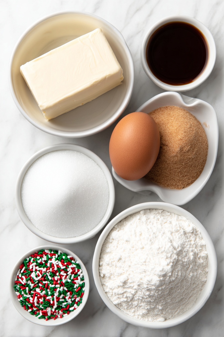 No-Roll Christmas Sprinkle Cookies, Christmas Sprinkle Cookies, Easy Holiday Cookies, No-Bake Festive Cookies, Christmas Cookie Ideas - Flat lay of a small mound of unsalted butter, a small white ceramic bowl of granulated sugar, a small white ceramic bowl of packed light brown sugar, one large uncracked brown egg, a small white ceramic bowl of cream, a small white ceramic bowl of clear imitation vanilla extract, a small white ceramic bowl of all-purpose flour, a small white ceramic bowl of cornstarch, a small white ceramic bowl of baking soda, a small white ceramic bowl of salt, a small white ceramic bowl filled with red, green, and white jimmies sprinkles, all arranged symmetrically on a clean white marble surface, soft natural light, photo taken with an iPhone, professional food photography style, fresh ingredients, white ceramic bowls, no bottles, no duplicates, no utensils, no packaging --ar 2:3 --v 7 --p m7354615311229779997