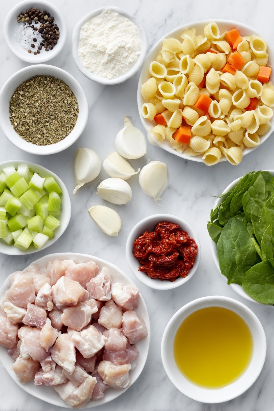 Creamy Tuscan Chicken Soup, creamy chicken soup, Tuscan chicken recipes, easy chicken soup, comforting Italian soup - Flat lay of a small white ceramic bowl of golden olive oil, a pile of fresh boneless, skinless chicken thighs cut into chunks, a small white bowl filled with mixed Italian seasoning herbs, a small mound of coarse sea salt, a small heap of black peppercorns, a simple white plate with diced bright orange carrots, diced pale green celery sticks, diced white onions, and diced deep red sundried tomatoes arranged neatly, three whole uncracked garlic cloves with clean white skins, a small white bowl containing fine white flour, a small white bowl with rich red tomato paste, a simple white bowl showing golden chicken broth, a small white dish heaped with uncooked Italian small shell pasta, a small white bowl of thick heavy whipping cream, a white plate sprinkled with grated parmesan reggiano cheese, and a handful of vibrant fresh green spinach leaves, all placed on a clean white marble surface, soft natural light, photo taken with an iPhone, professional food photography style, fresh ingredients, white ceramic bowls, no bottles, no duplicates, no utensils, no packaging --ar 2:3 --v 7 --p m7354615311229779997