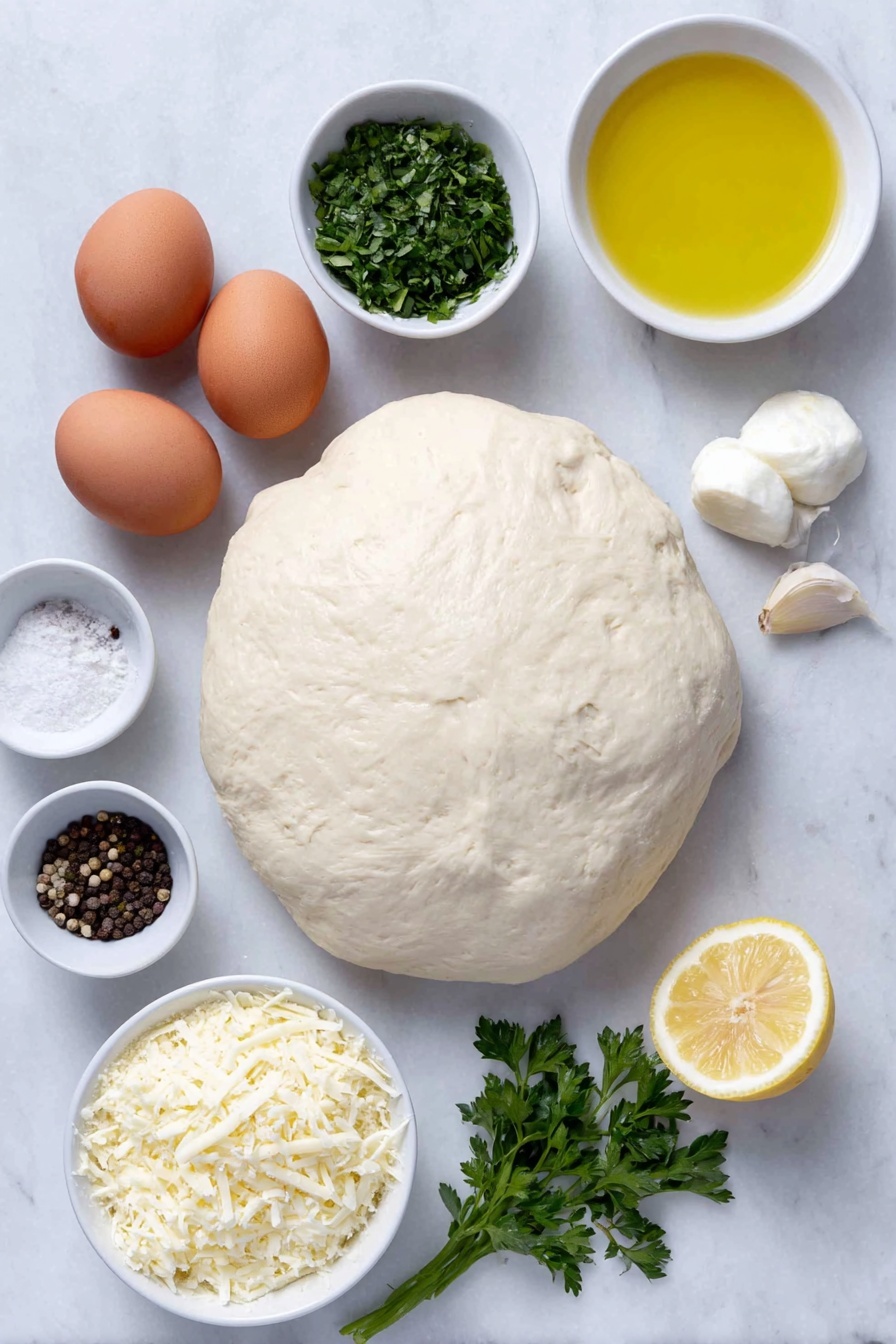 Lemon Mozzarella Pizza, lemon mozzarella pizza recipe, fresh citrus pizza, easy lemon pizza, homemade lemon cheese pizza - Flat lay of a smooth, round ball of fresh pizza dough, a small white ceramic bowl of extra virgin olive oil, a small white ceramic bowl of clear water, a few bright green sprigs of chopped fresh parsley, one small garlic clove with its papery skin removed, a whole fresh lemon with a wedge cut to show juicy zest, a small white ceramic bowl holding fine salt, a small white ceramic bowl containing whole black peppercorns, a ball of fresh white mozzarella cheese, a small white ceramic bowl with grated pale yellow parmesan cheese, a small white ceramic bowl of fresh lemon juice, whole uncracked brown eggs not included (as recipe doesn’t call for eggs), all ingredients arranged symmetrically and balanced, placed on a clean white marble surface, soft natural light, photo taken with an iPhone, professional food photography style, fresh ingredients, white ceramic bowls, no bottles, no duplicates, no utensils, no packaging --ar 2:3 --v 7 --p m7354615311229779997