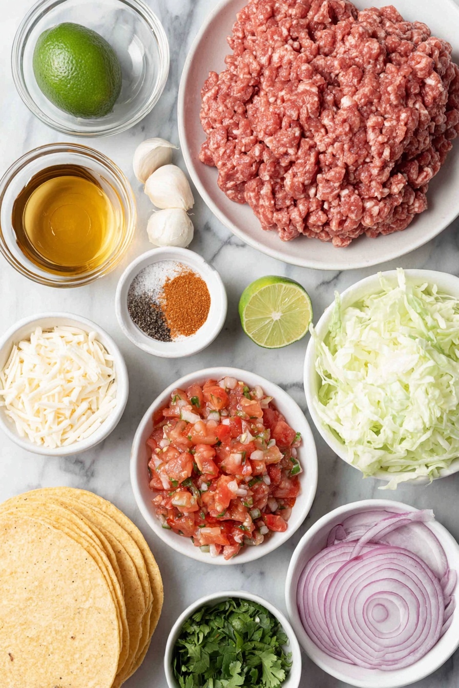 Baked Crispy Beef Tacos, crispy beef tacos, baked taco shells, easy beef taco recipe, healthy taco ideas - Flat lay of a small white ceramic bowl with golden canola oil, a mound of raw lean ground beef, a small white bowl filled with vibrant orange-brown taco seasoning powder, three peeled whole garlic cloves, a whole fresh lime cut in half showing bright green flesh, a small white bowl holding finely diced green chiles, a small white bowl of coarse salt and whole black peppercorns, a neat pile of shredded colby jack cheese with white and yellow hues, a stack of yellow corn tortillas with a smooth texture, a small white bowl of thick Mexican crema, two whole chipotle peppers with deep red color and wrinkled skin, a small white bowl with clear golden honey, a small white bowl containing freshly chopped bright green cilantro leaves, finely shredded crisp light green lettuce, a small white bowl of chunky red pico de gallo with diced tomatoes, onions, and green herbs, a small white bowl of creamy light green guacamole, and a small white bowl of thinly sliced pickled red onions with a vibrant magenta hue — all arranged in perfect symmetry and balanced proportions, placed on a clean white marble surface, soft natural light, photo taken with an iPhone, professional food photography style, fresh ingredients, white ceramic bowls, no bottles, no duplicates, no utensils, no packaging --ar 2:3 --v 7 --p m7354615311229779997