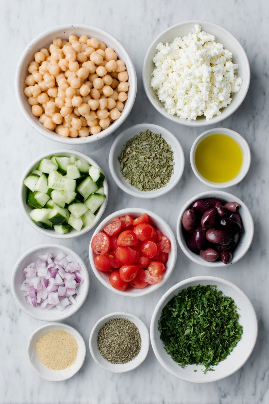 Quick Mediterranean Chickpea Salad, healthy Mediterranean chickpea salad, easy chickpea salad recipe, quick vegetarian salad, flavorful chickpea salad - Flat lay of a small white ceramic bowl filled with fresh, plump chickpeas, a small white ceramic bowl of chopped cucumber, a small white ceramic bowl of halved cherry tomatoes, a small white ceramic bowl holding diced red bell pepper, a small white ceramic bowl with sliced deep purple kalamata olives, a small white ceramic bowl containing finely chopped red onion, a small white ceramic bowl of crumbled white feta cheese, a small white ceramic bowl with chopped fresh green parsley, a small white ceramic bowl of golden extra virgin olive oil, a small white ceramic bowl of deep red wine vinegar, a small white ceramic bowl holding smooth pale yellow Dijon mustard powder, and small white ceramic bowls with dried oregano, garlic powder, kosher salt, and ground black pepper, all ingredients arranged symmetrically and balanced, placed on a clean white marble surface, soft natural light, photo taken with an iPhone, professional food photography style, fresh ingredients, white ceramic bowls, no bottles, no duplicates, no utensils, no packaging --ar 2:3 --v 7 --p m7354615311229779997