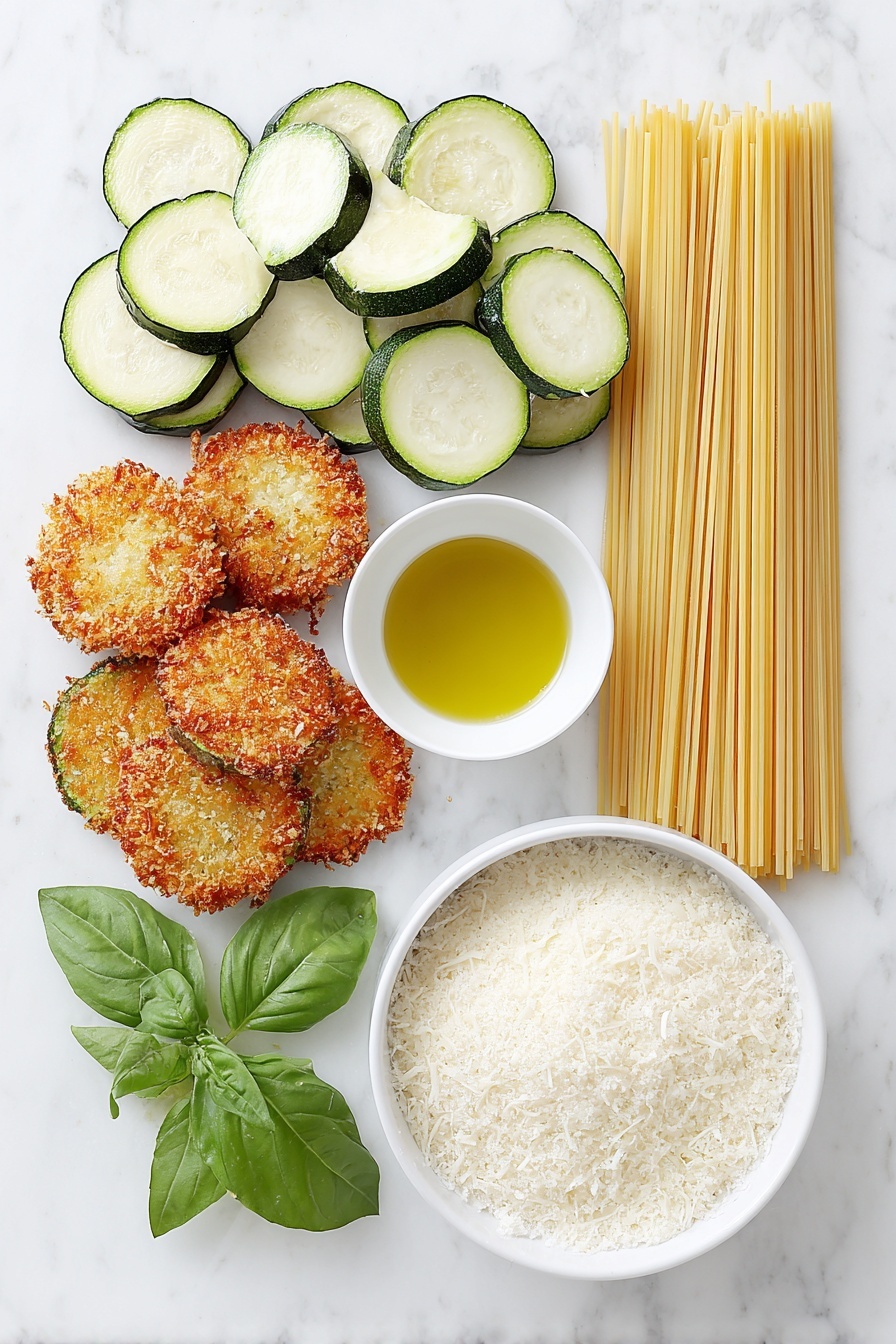 Creamy Zucchini Spaghetti, zucchini pasta with creamy sauce, summer zucchini recipes, easy zucchini pasta, healthy zucchini spaghetti - Flat lay of thinly sliced fresh zucchini rounds, a small pile of golden fried zucchini slices, a handful of bright green fresh basil leaves, a simple white ceramic bowl filled with golden extra virgin olive oil, a small white bowl containing grated parmesan cheese, a neat bundle of uncooked pale yellow spaghetti strands, a small white bowl with sunflower oil, and a pinch of coarse kosher salt scattered artfully on the white ceramic surface, all arranged with perfect symmetry, placed on a clean white marble surface, soft natural light, photo taken with an iPhone, professional food photography style, fresh ingredients, white ceramic bowls, no bottles, no duplicates, no utensils, no packaging --ar 2:3 --v 7 --p m7354615311229779997