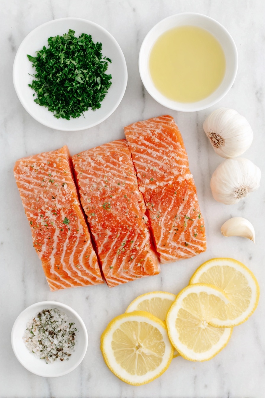 Oven-Baked Lemon Herb Salmon, lemon herb salmon, healthy salmon dinner, easy salmon recipe, quick baked salmon - Flat lay of fresh pink salmon fillets with skin on, a small pile of finely chopped bright green parsley, three whole garlic cloves with smooth white skins, a small white ceramic bowl filled with clear golden olive oil, a small white ceramic bowl with pale yellow fresh lemon juice, a small white ceramic bowl containing smooth pale yellow Dijon mustard, a small white ceramic bowl of fine white sea salt, a small white ceramic bowl with freshly cracked black pepper, and four thin lemon rings with bright yellow rinds arranged neatly, all placed on a clean white marble surface, soft natural light, photo taken with an iPhone, professional food photography style, fresh ingredients, white ceramic bowls, no bottles, no duplicates, no utensils, no packaging --ar 2:3 --v 7 --p m7354615311229779997