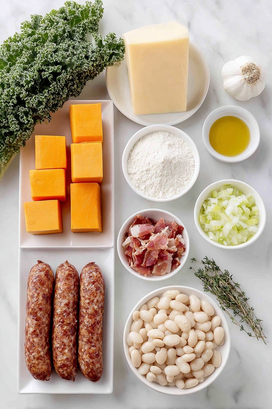 Creamy Butternut Squash Soup with Kale, healthy butternut squash soup, hearty vegetable soup, vegan-friendly butternut squash recipe, cozy fall soups - Flat lay of peeled and cubed bright orange butternut squash, sliced browned chicken sausage links, a small white bowl of golden olive oil, a few sprigs of fresh green thyme, chopped crispy pale pink and white bacon pieces, a pat of creamy unsalted butter, a small chopped white onion, chopped light green celery ribs, three peeled garlic cloves, a small white bowl of all-purpose flour, a small white bowl of clear pale yellow dry white wine, a small white bowl of rich golden chicken stock, drained and rinsed creamy white cannellini beans in a simple white bowl, a small white bowl of smooth heavy cream, a fresh lemon with vibrant yellow zest, and a bunch of dark green dinosaur kale leaves roughly torn — all arranged with perfect symmetry on simple white ceramic plates and bowls, placed on a clean white marble surface, soft natural light, photo taken with an iPhone, professional food photography style, fresh ingredients, white ceramic bowls, no bottles, no duplicates, no utensils, no packaging --ar 2:3 --v 7 --p m7354615311229779997