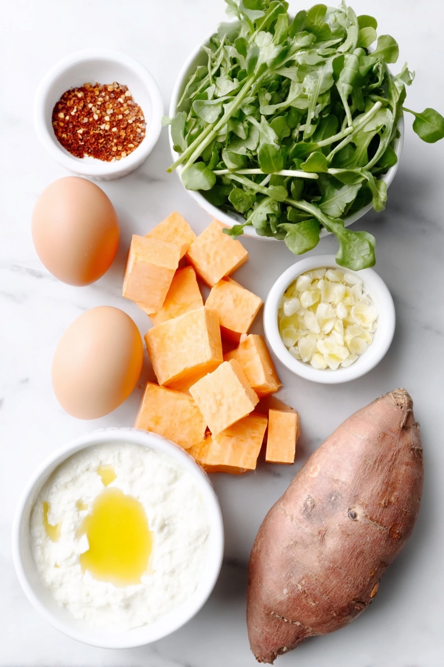 Creamy Sweet Potato Soup with Ginger, healthy sweet potato soup, comforting ginger soup, easy vegan sweet potato soup, velvety vegetable soup - Flat lay of a small bunch of fresh watercress with bright green leaves, a few whole uncracked brown eggs, peeled and diced sweet potatoes with vibrant orange flesh, three freshly sliced orange carrots, a whole yellow onion with papery skin, two garlic cloves with white smooth skins, a small pile of finely chopped fresh ginger root showing its pale yellow interior, a small white ceramic bowl containing red pepper flakes, another small white bowl with paprika powder, a simple white ceramic bowl filled with creamy white coconut cream, a few shelled green pistachios scattered nearby, and a small white ceramic bowl holding golden avocado oil, all arranged with perfect symmetry on a clean white marble surface, soft natural light, photo taken with an iPhone, professional food photography style, fresh ingredients, white ceramic bowls, no bottles, no duplicates, no utensils, no packaging --ar 2:3 --v 7 --p m7354615311229779997