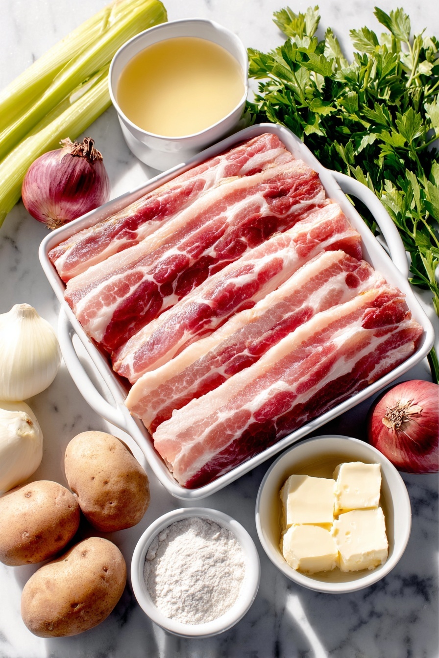 Creamy Clam Chowder, clam chowder recipe, homemade clam chowder, easy clam chowder, comforting seafood soup - Flat lay of six uncooked bacon slices arranged neatly, two celery stalks with fresh green leaves, one whole shallot with purplish skin, one white onion with smooth skin, three unpeeled garlic cloves, three small red potatoes, peeled and cubed in a small white ceramic bowl, a small white bowl filled with chicken broth, a small white bowl containing half-and-half cream, a small white bowl with all-purpose flour, a few fresh flat-leaf parsley sprigs, one fresh bay leaf, and a small white bowl of clam juice, all placed on a clean white marble surface, soft natural light, photo taken with an iPhone, professional food photography style, fresh ingredients, white ceramic bowls, no bottles, no duplicates, no utensils, no packaging --ar 2:3 --v 7 --p m7354615311229779997