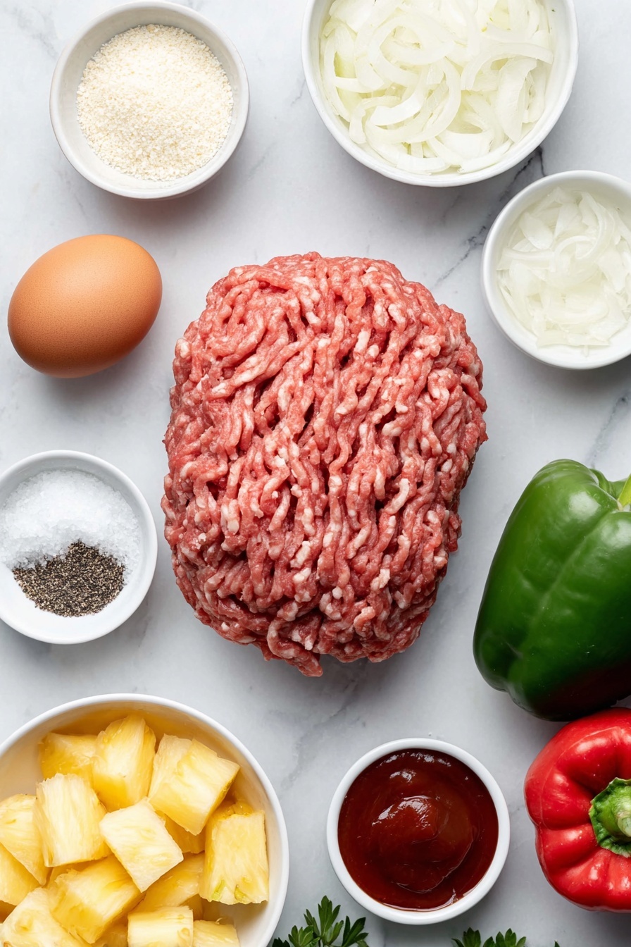 Sweet and Sour Meatball Kabobs, meatball kabobs, easy Asian-inspired skewers, grilled meatball appetizers, fruity vegetable kabobs - Flat lay of a mound of fresh ground meat, one large whole brown egg, a small white ceramic bowl of panko breadcrumbs, a small white ceramic bowl of coarse sea salt, a small white ceramic bowl of freshly ground black pepper, a small white ceramic bowl with dried parsley, fresh ripe pineapple chunks, large green bell pepper chunks, large red bell pepper chunks, large yellow onion chunks, a small white ceramic bowl of apricot jam, a small white ceramic bowl of ketchup, a small white ceramic bowl of soy sauce, a small white ceramic bowl of apple cider vinegar, a small white ceramic bowl containing cornstarch dissolved in water, placed on a clean white marble surface, soft natural light, photo taken with an iPhone, professional food photography style, fresh ingredients, white ceramic bowls, no bottles, no duplicates, no utensils, no packaging --ar 2:3 --v 7 --p m7354615311229779997