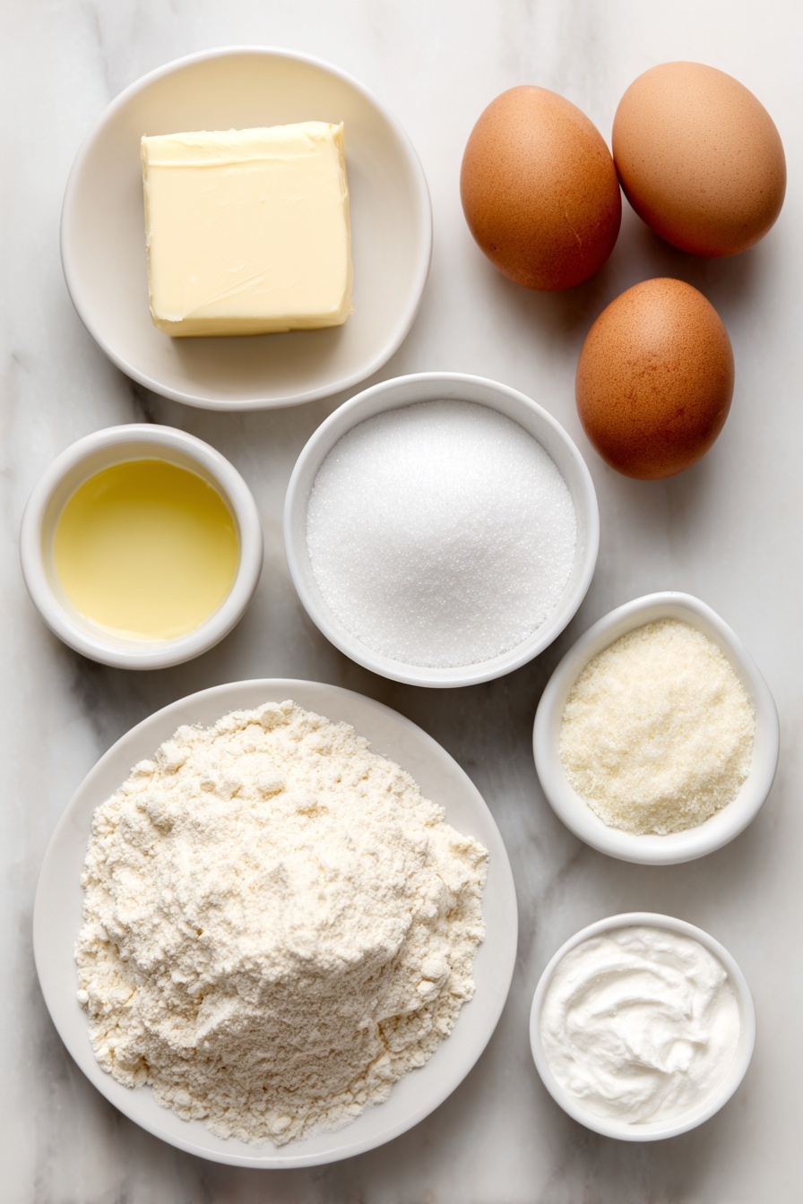 Amish Sugar Cookies, Amish Sugar Cookies Recipe, soft sugar cookies, buttery sugar cookies, easy Amish cookie recipe - Flat lay of a small square of pale yellow softened butter, a small white ceramic bowl filled with clear vegetable oil, a small white bowl heaped with white granulated sugar, a small white bowl containing fine white powdered sugar, two large whole eggs with smooth brown shells, a small white bowl of golden vanilla extract, a mound of light beige all-purpose flour on a white ceramic plate, a small white bowl with off-white baking soda powder, a small white bowl with white cream of tartar powder, all arranged symmetrically and balanced, placed on a clean white marble surface, soft natural light, photo taken with an iPhone, professional food photography style, fresh ingredients, white ceramic bowls, no bottles, no duplicates, no utensils, no packaging --ar 2:3 --v 7 --p m7354615311229779997