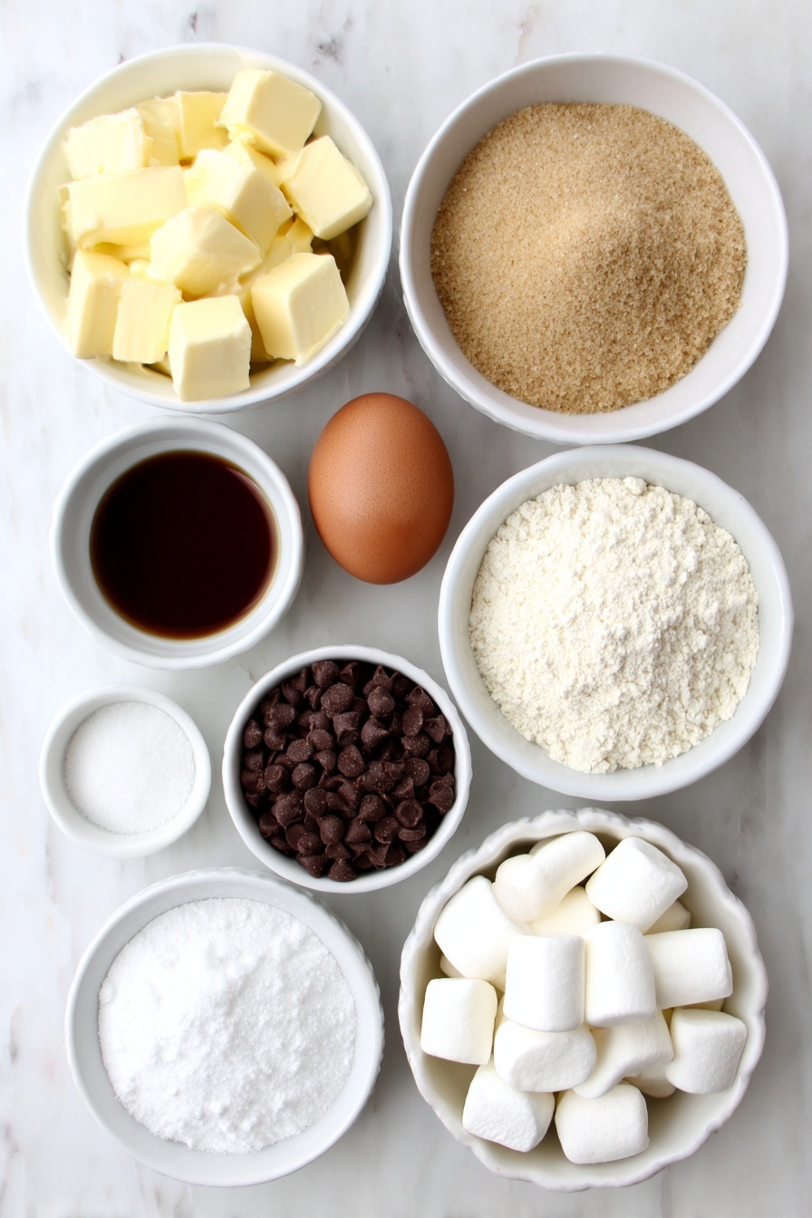 Hot Chocolate Cookies with Marshmallows, Chocolate Cookies with Marshmallows, Cozy Hot Chocolate Cookies, Gourmet Marshmallow Cookies, Easy Hot Chocolate Cookies - Flat lay of a small pile of unsalted butter cubes, a mound of soft light brown sugar, a small heap of granulated sugar, one large whole uncracked brown egg, a small white ceramic bowl of pure vanilla extract, a small white ceramic bowl of unsweetened cocoa powder, a small white ceramic bowl of all purpose flour, a small white ceramic bowl of baking soda, a small white ceramic bowl of salt, a small white ceramic bowl of cornstarch, a small pile of semi-sweet chocolate chips, and several cut halves of fresh white marshmallows, all arranged symmetrically on a clean white marble surface, soft natural light, photo taken with an iPhone, professional food photography style, fresh ingredients, white ceramic bowls, no bottles, no duplicates, no utensils, no packaging --ar 2:3 --v 7 --p m7354615311229779997