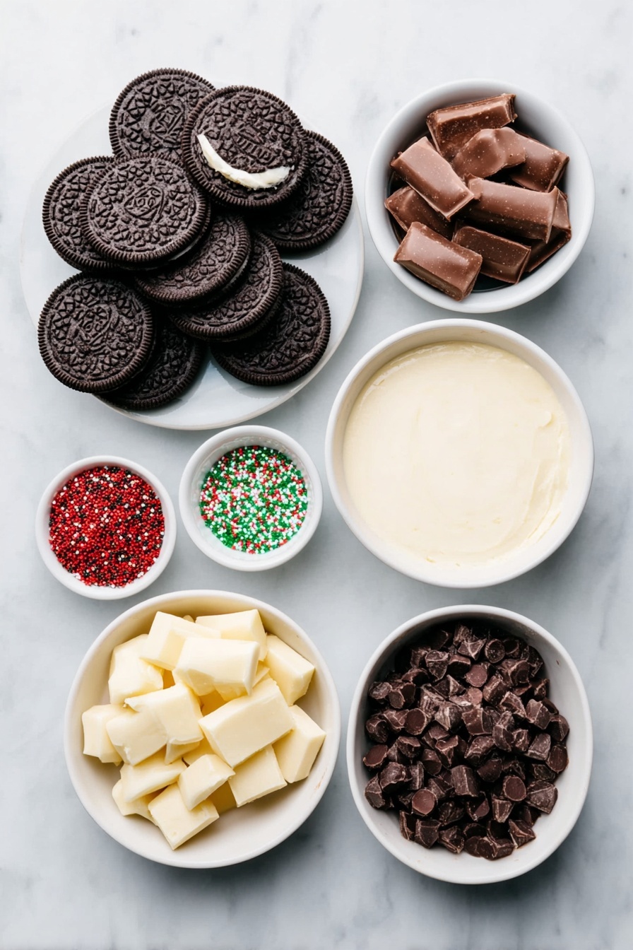 Festive Chocolate Covered Oreos, easy holiday cookie ideas, chocolate dipped Oreos, holiday party treats, colorful sprinkles cookies - Flat lay of a stack of fresh black and white Oreo cookies, a few loose around the stack; a small white ceramic bowl filled with smooth milk chocolate melting wafers; a small white ceramic bowl filled with creamy white chocolate melting wafers; a small white ceramic bowl of assorted colorful Christmas sprinkles; a small white ceramic bowl containing vibrant red food coloring liquid; a small white ceramic bowl containing vibrant green food coloring liquid, all ingredients arranged symmetrically in realistic proportions, placed on a clean white marble surface, soft natural light, photo taken with an iPhone, professional food photography style, fresh ingredients, white ceramic bowls, no bottles, no duplicates, no utensils, no packaging --ar 2:3 --v 7 --p m7354615311229779997