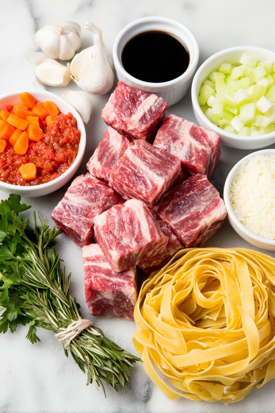 Short Rib Ragu Pasta, hearty beef pasta, slow-cooked short rib dish, comforting Italian pasta, flavorful beef ragu - Flat lay of fresh, raw beef short ribs cut into thick cubes, a few bright orange carrots diced finely, crisp pale green celery diced finely, a small pile of finely diced white onion, four plump garlic cloves whole and unpeeled, a small white ceramic bowl filled with deep red tomato paste, a small white bowl of dark red wine, a small white bowl of rich beef broth, fresh crushed bright red tomatoes in a small white bowl, a fresh herb bundle of rosemary, thyme, and parsley stems tied together, two smooth bay leaves placed neatly, a small white bowl with clear amber sherry vinegar, a nest of fresh uncooked pappardelle pasta with wide flat ribbons, a handful of fresh curly parsley leaves, a small pile of freshly grated pale yellow Parmigiano Reggiano cheese, all arranged symmetrically on a clean white marble surface, soft natural light, photo taken with an iPhone, professional food photography style, fresh ingredients, white ceramic bowls, no bottles, no duplicates, no utensils, no packaging --ar 2:3 --v 7 --p m7354615311229779997