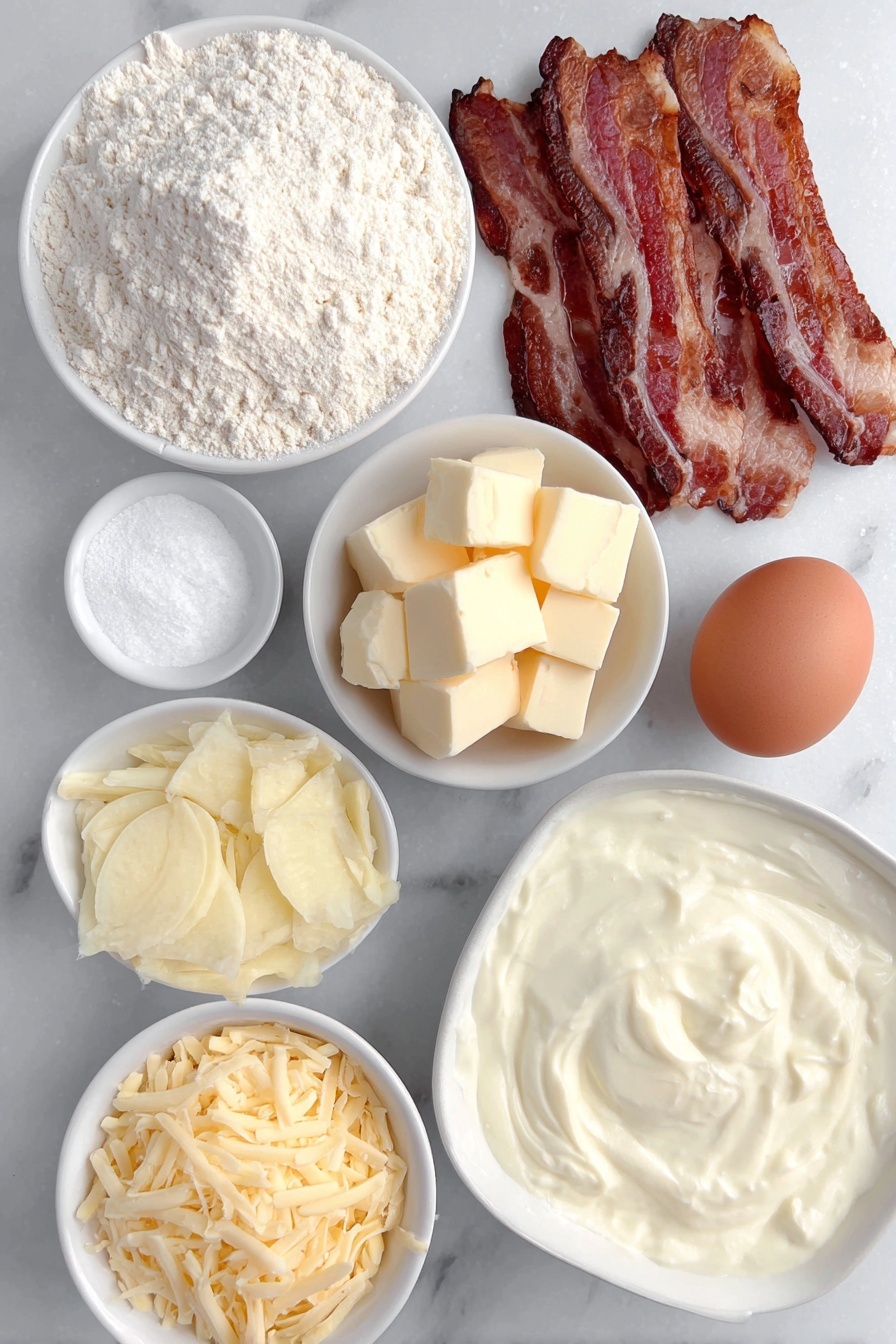 Creamy Potato Bacon Pie, comfort food recipes, cheesy potato pie, bacon potato casserole, homemade savory pie - Flat lay of a small mound of pale all-purpose flour, a teaspoon of coarse kosher salt, several small cubes of cold butter with a pale yellow color, a few thin slices of crispy cooked bacon with pinkish-brown edges, a diced large white onion, a pile of thinly sliced yellow Yukon Gold potatoes, a small white bowl filled with thick heavy cream, a pinch of black pepper next to a teaspoon of kosher salt in separate small white bowls, a small heap of shredded sharp cheddar cheese, and a single whole brown egg with a smooth clean shell, all arranged symmetrically on a clean white ceramic plate and small white ceramic bowls placed on a clean white marble surface, soft natural light, photo taken with an iPhone, professional food photography style, fresh ingredients, white ceramic bowls, no bottles, no duplicates, no utensils, no packaging --ar 2:3 --v 7 --p m7354615311229779997