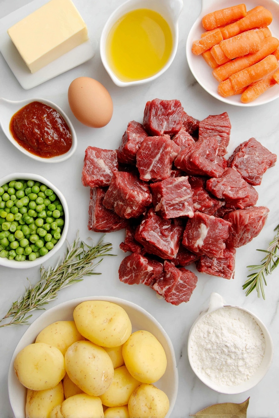Slow Cooker Beef Stew, hearty beef stew, easy beef stew, crockpot beef stew, comforting beef stew - Flat lay of a large pile of raw stew beef cubes with visible marbling, a small heap of whole yellow onions diced, four peeled garlic cloves clustered together, five fresh medium carrots cut into 1-inch chunks, a bowl of halved baby Yukon gold potatoes, a few bright green frozen peas scattered loosely, two whole uncracked brown eggs, a small white ceramic bowl filled with rich beef broth, another small white bowl containing deep red tomato paste, a tiny white bowl holding golden olive oil, a stick of cold butter partially sliced with a smooth creamy texture, a sprig of fresh rosemary, two dry bay leaves, a small white bowl with fine white flour, and a small white bowl of light beige corn starch, all arranged with perfect symmetry and balanced proportions, placed on a clean white marble surface, soft natural light, photo taken with an iPhone, professional food photography style, fresh ingredients, white ceramic bowls, no bottles, no duplicates, no utensils, no packaging --ar 2:3 --v 7 --p m7354615311229779997