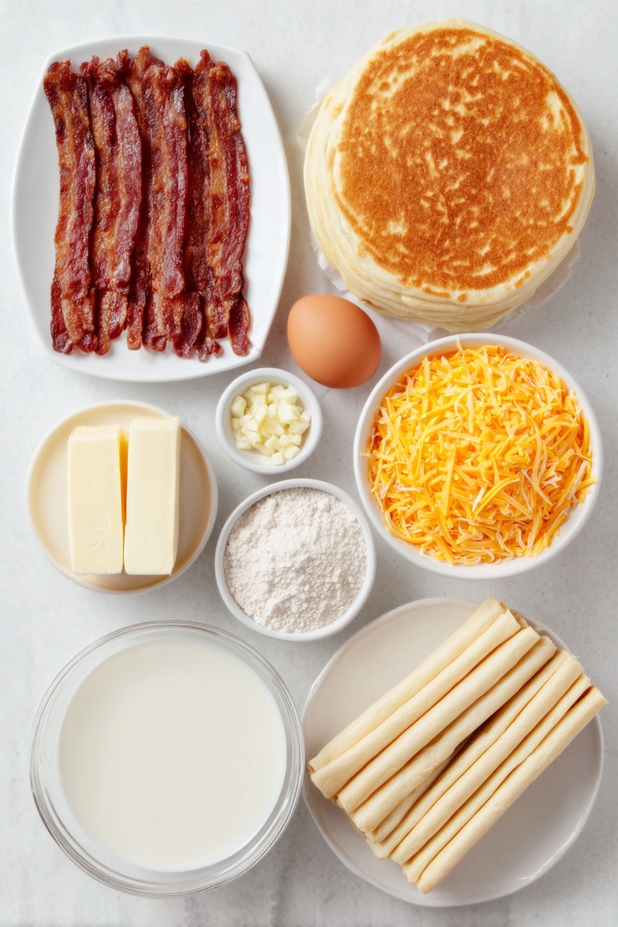 Chicken Mushroom Puff Pastry Pie, savory puff pastry dishes, creamy chicken and mushroom pie, easy dinner recipes with puff pastry, comforting chicken pastry bake - Flat lay of four crispy cooked bacon strips chopped, a small mound of sliced fresh brown and white mushrooms, two tablespoons of creamy butter sticks, a few cloves of minced garlic in a small white bowl, a pile of shredded cooked chicken breast, a small heap of shredded sharp cheddar cheese, a whole uncracked brown egg, a small white bowl of smooth pale cream sauce (cream of chicken), a small white bowl of flour, a small white bowl of chicken broth, a small white bowl of milk, a small white bowl of cracked black pepper and another small white bowl of garlic powder, and two rolled out sheets of pale golden puff pastry, all arranged with perfect symmetry on a simple white ceramic plate and bowls placed on a clean white marble surface, soft natural light, photo taken with an iPhone, professional food photography style, fresh ingredients, white ceramic bowls, no bottles, no duplicates, no utensils, no packaging --ar 2:3 --v 7 --p m7354615311229779997