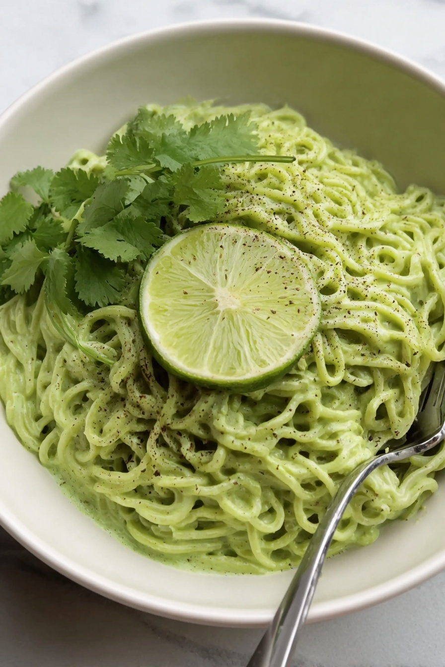 Vegan Cilantro Lime Noodles, vegan noodle recipes, dairy-free cilantro lime pasta, quick vegan dinner ideas, healthy vegan noodle dishes - This image shows a white bowl filled with creamy green noodles, with about two layers of noodles visible, all coated evenly in a thick, smooth green sauce. On top of the noodles, there is a single thin slice of lime placed near the center, with bits of black pepper sprinkled across the noodles. Next to the lime slice, a small bunch of fresh green cilantro leaves rests gently. A silver fork is placed on the right edge of the bowl, partly inserted into the noodles. The bowl sits on a white marbled surface. Photo taken with an iphone --ar 2:3 --v 7