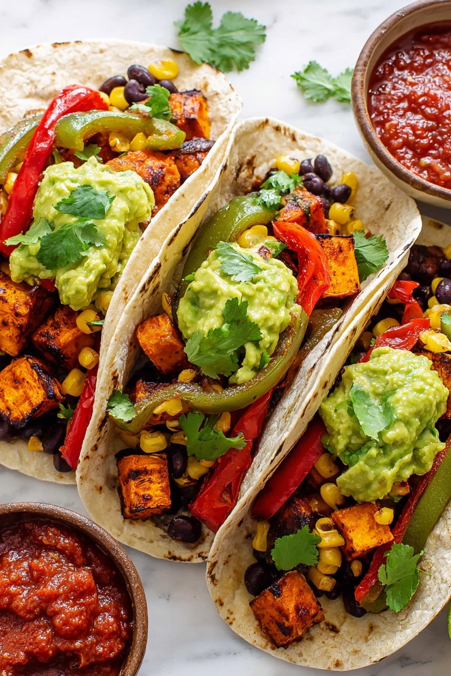 Sweet Potato Black Bean Tacos, vegetarian taco recipe, easy healthy tacos, plant-based dinner ideas, flavorful vegetarian tacos - Three soft tortillas are open and filled with colorful layers starting with a base of black beans and grilled sweet corn kernels, followed by roasted orange sweet potato cubes and grilled red and green bell pepper slices; each tortilla is topped with a scoop of bright green mashed avocado and fresh green cilantro leaves, all placed close together on a white marbled surface with a small brown bowl of red salsa visible in the corner photo taken with an iphone --ar 2:3 --v 7
