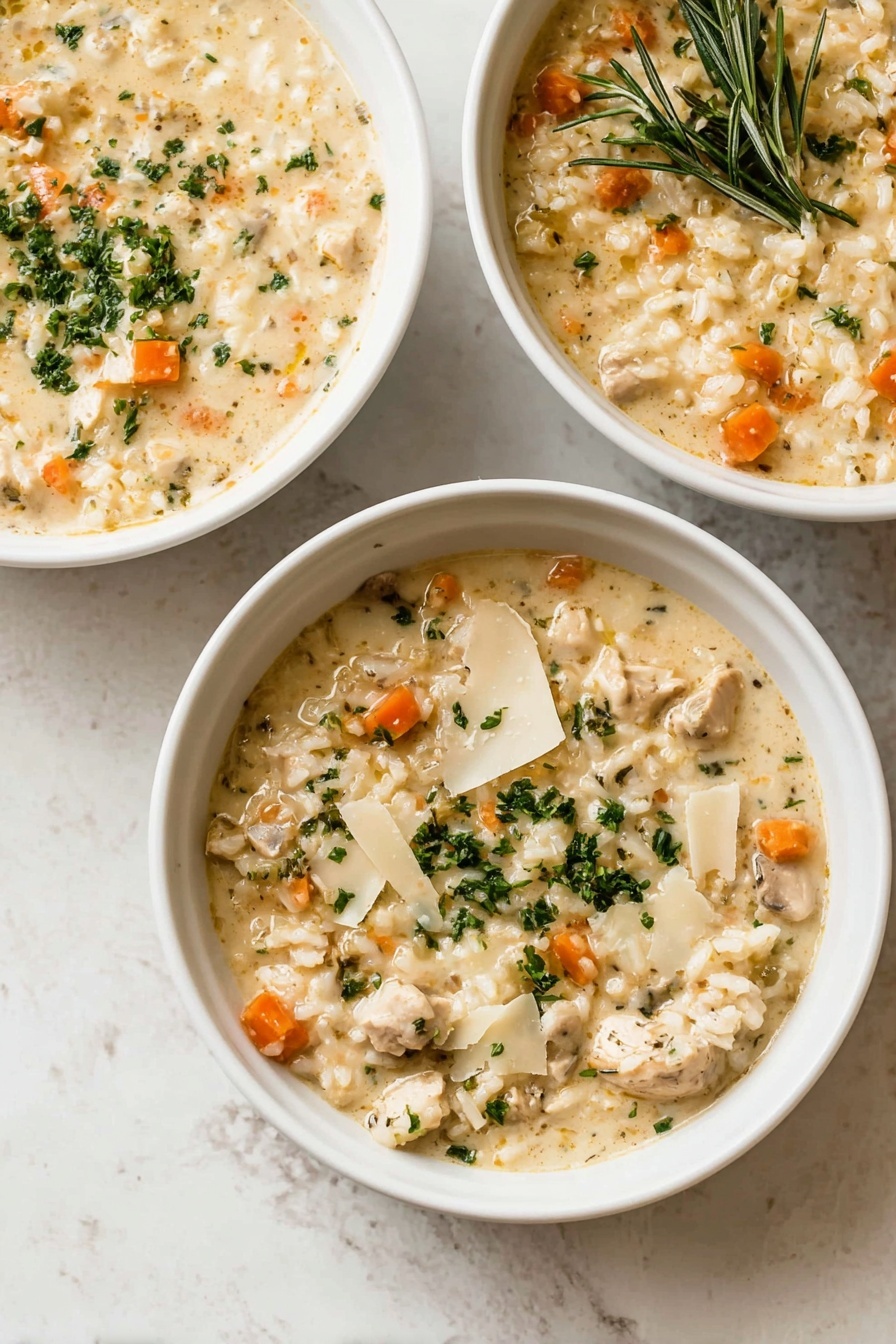 Creamy Chicken and Rice Soup, hearty chicken and rice soup, comforting chicken and rice dish, easy creamy chicken soup, cozy chicken rice bowl - Three white bowls filled with creamy chicken rice soup, placed on a white marbled surface. Each bowl shows a thick, light beige broth with chunks of cooked chicken, small orange carrot pieces, and soft rice grains. The soup is topped with green chopped parsley and thin shards of pale cheese. One bowl features a sprig of rosemary for garnish. The textures are creamy and smooth with bits of vegetables and meat distributed evenly. photo taken with an iphone --ar 2:3 --v 7