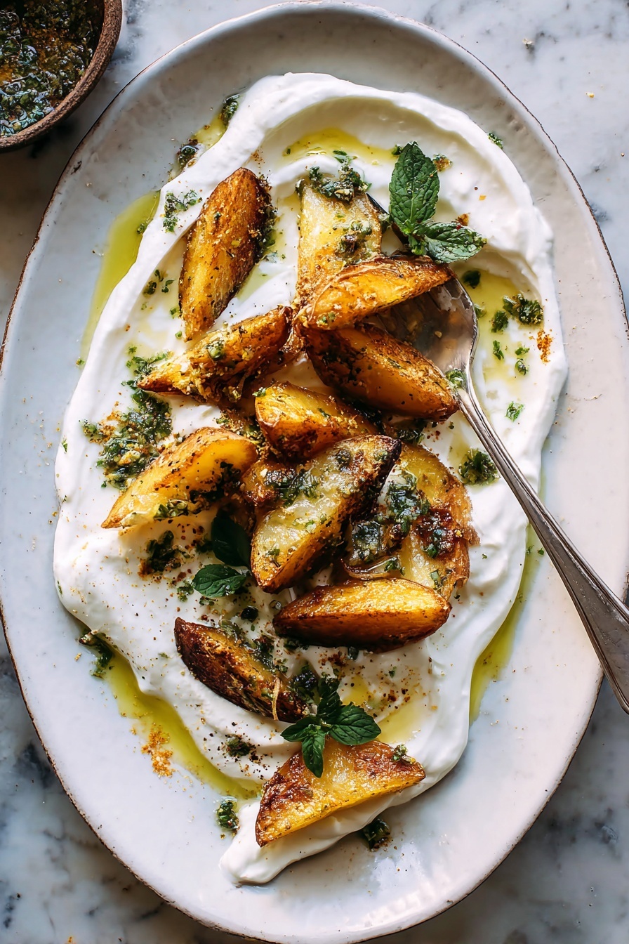 Crispy Oregano Roasted Potatoes with Feta Sauce, roasted potato recipes, Mediterranean potato dishes, easy roasted potatoes, feta sauce recipes - A white plate with a smooth layer of creamy white yogurt spread all over the base, swirled to create soft waves. On top, there are golden-brown roasted potato wedges scattered mainly on one side. The potatoes have a crispy, slightly charred texture with bits of green herbs sprinkled evenly. Small dollops of creamy sauce sit on some potato pieces. Bright green herb leaves and tiny chopped herbs are scattered over the yogurt and potatoes, along with small pools of golden olive oil and a light dusting of reddish spices. A few fresh herb sprigs are placed on the yogurt for decoration. The plate sits on a white marbled surface. Photo taken with an iphone --ar 2:3 --v 7