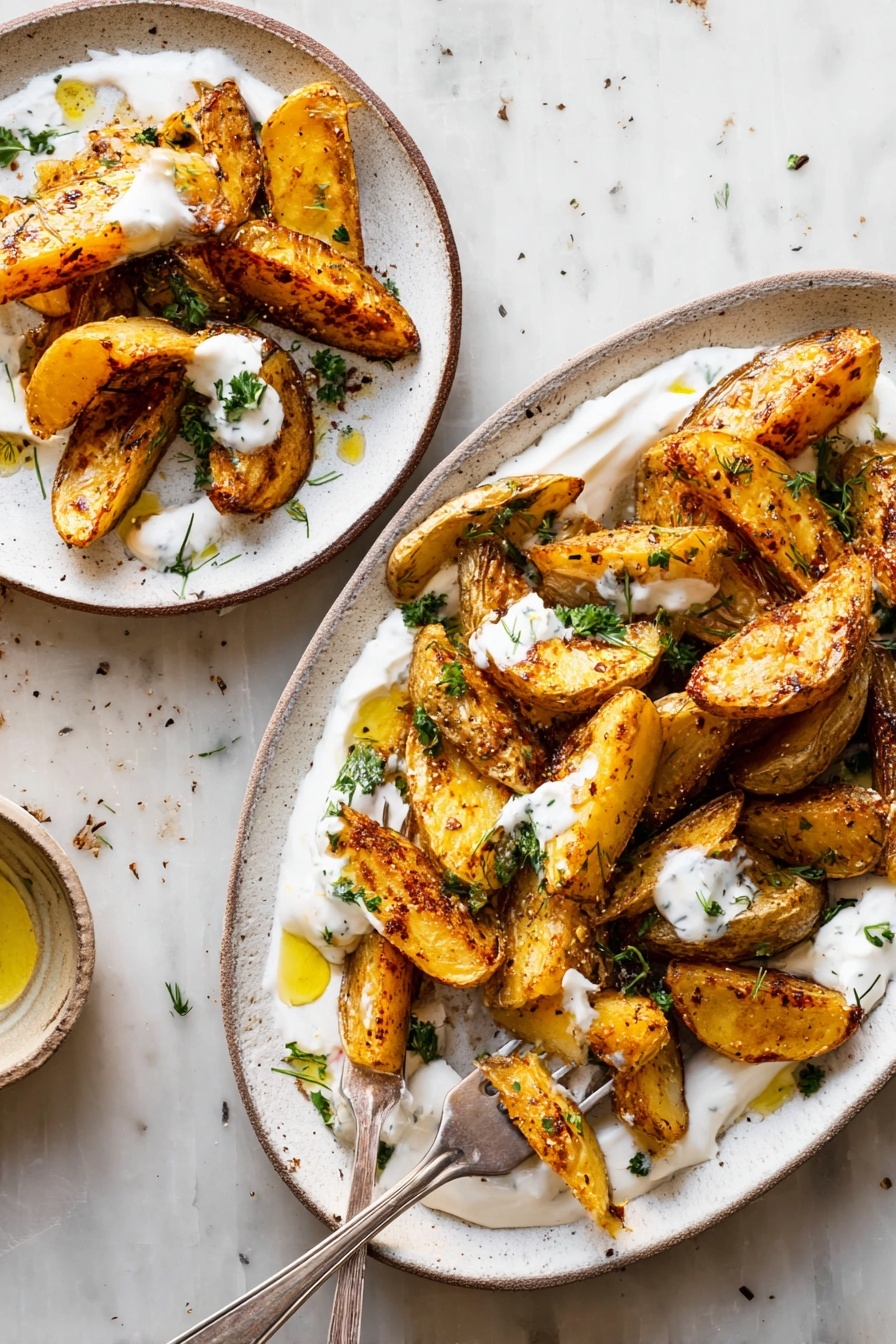 Crispy Oregano Roasted Potatoes with Feta Sauce, roasted potato recipes, Mediterranean potato dishes, easy roasted potatoes, feta sauce recipes - The image shows two white plates of roasted potato wedges on a white marbled surface. The larger plate is filled with golden brown potato wedges that have a crispy texture and are spread over a base layer of creamy white sauce. The potato wedges are scattered with small green herbs and drizzled with an oil-based herb dressing. Small dollops of white sauce are placed on top of some wedges, and a few tiny green leaves add color contrast. On the smaller plate, a few potato wedges rest on a similar white sauce layer, with a silver fork holding one wedge. The scene is bright and natural, capturing the textures of the potatoes and sauce clearly. photo taken with an iphone --ar 2:3 --v 7