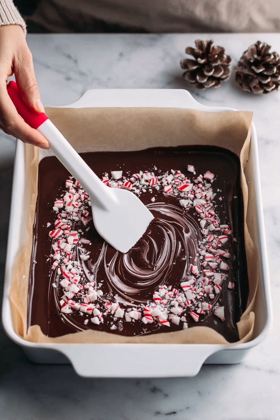 Peppermint Swirl Chocolate Fudge, peppermint chocolate fudge, holiday fudge recipe, peppermint dessert, chocolate peppermint treat - A white baking pan lined with parchment paper holds a single-layer, glossy dark chocolate mixture spread evenly inside. A woman's hand is using a white spatula with a red tip to swirl crushed white and red peppermint pieces on top of the chocolate with circular motions. The spatula moves from the center outward, creating a marbled effect with the crushed peppermint pieces scattered mainly around the center and edges. The setting features a white marbled surface, and a pine cone is visible nearby. Photo taken with an iphone --ar 2:3 --v 7