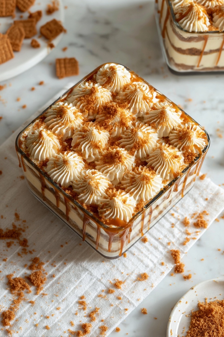 Biscoff Tiramisu, Biscoff Tiramisu recipe, Biscoff cookie dessert, Biscoff mascarpone dessert, no-bake Biscoff tiramisu - A square glass container holds a dessert with multiple layers. The top layer is decorated with evenly spaced dollops of light beige cream, each with a swirled texture, sprinkled with golden brown crumbled cookie bits. A rich caramel sauce is drizzled over the cream and crumbs in thin, uneven lines. Some crushed cookie pieces are scattered on the white cloth beneath the container, which sits on a white marbled surface. Another similar container is partially visible in the top right corner. Photo taken with an iphone --ar 2:3 --v 7