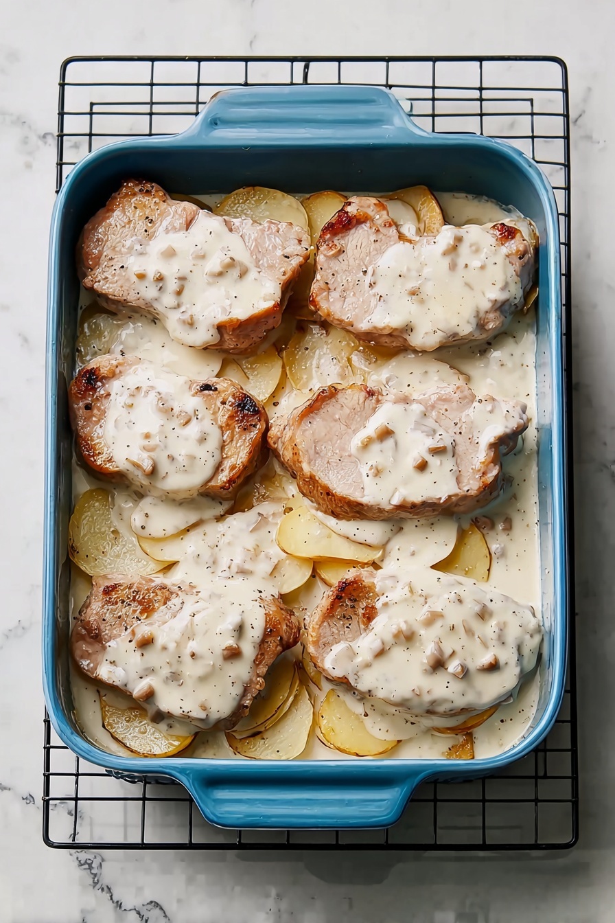 Creamy Pork Chop and Potato Bake, pork chop and potato bake, cheesy pork and potato casserole, hearty pork and potato dish, comfort food pork casserole - A blue rectangular dish filled with seven large pieces of cooked pork topped with a creamy white sauce speckled with small bits, all resting on a base layer of thin, overlapping potato slices that are pale yellow with some browning at the edges, the dish placed on a black wire rack over a white marbled surface photo taken with an iphone --ar 2:3 --v 7