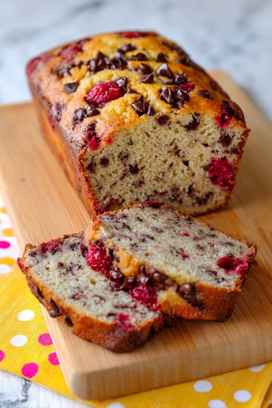 Raspberry Chocolate Banana Bread, easy raspberry banana bread, moist banana bread with raspberries and chocolate, healthy banana bread with berries, decadent banana bread loaf - A loaf of bread with a golden-brown top layer filled with dark chocolate chips and red raspberries is placed on a light wooden cutting board. Two slices of the loaf are cut and laid flat in front of it, showing a light, soft crumb inside studded with many dark chocolate chips and red raspberries scattered evenly throughout. The loaf and slices have a moist and dense texture with a slightly shiny surface from the chocolate melting into the soft bread. The cutting board rests on a yellow cloth with white, pink, and orange dots, and the background is a white marbled texture. Photo taken with an iphone --ar 2:3 --v 7