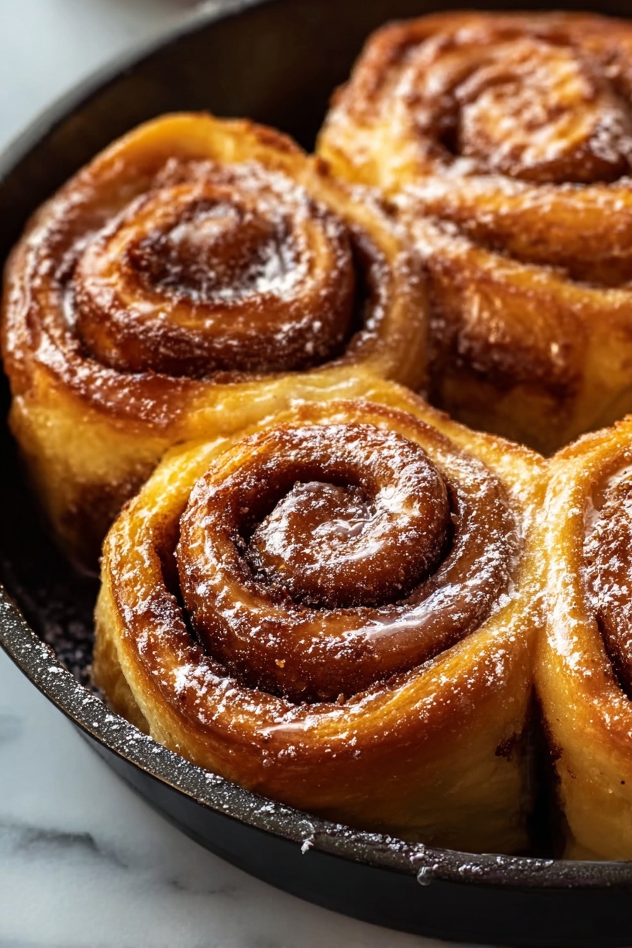 Cinnamon Roll French Toast, cinnamon roll breakfast ideas, easy French toast recipes, sweet breakfast recipes, cinnamon swirl bread breakfast - The image shows a close-up of four cinnamon rolls stacked in a round pan. Each roll has three visible layers, with a thick swirl of brown cinnamon sugar filling in between the layers of golden brown, flaky dough. The cinnamon filling looks soft and glistens slightly from a sticky glaze coating the rolls. A light dusting of powdered sugar is scattered on top and some glaze pools inside the central spiral of the rolls. The pan's dark edges contrast with the shiny warm rolls, all resting on a white marbled surface. photo taken with an iphone --ar 2:3 --v 7
