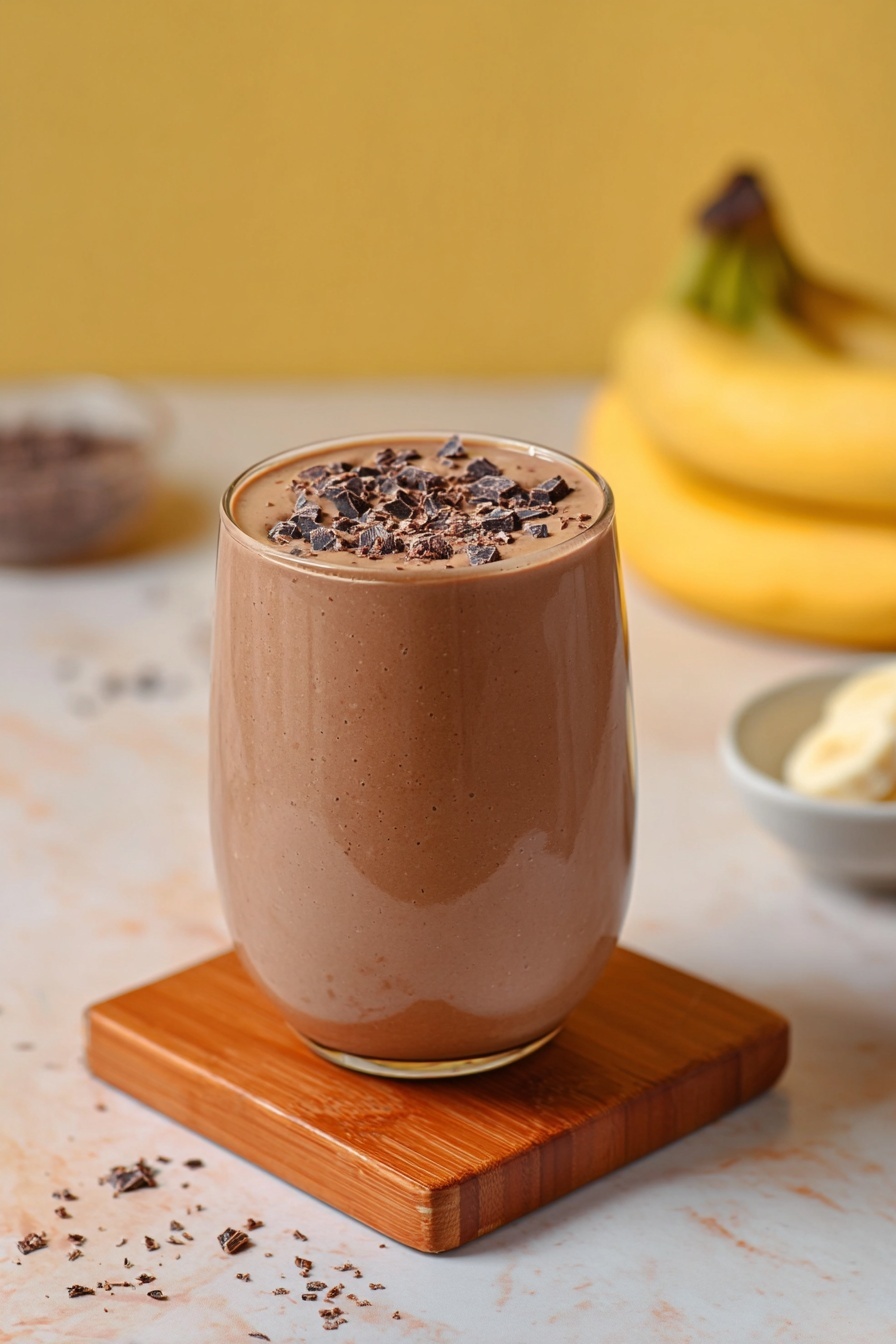 Chocolate Peanut Butter Protein Smoothie, healthy chocolate peanut butter smoothie, high-protein dessert smoothie, easy chocolate peanut butter smoothie recipe, no protein powder smoothie - A smooth, thick brown smoothie fills a clear glass, topped with small dark brown chunks scattered evenly on the surface. The glass sits on a wooden coaster that has warm brown tones and a simple square shape. The background is a soft yellow, with blurred bananas and a white bowl with small pieces inside. The surface beneath the glass is white marbled with scattered dark brown bits. Photo taken with an iphone --ar 2:3 --v 7