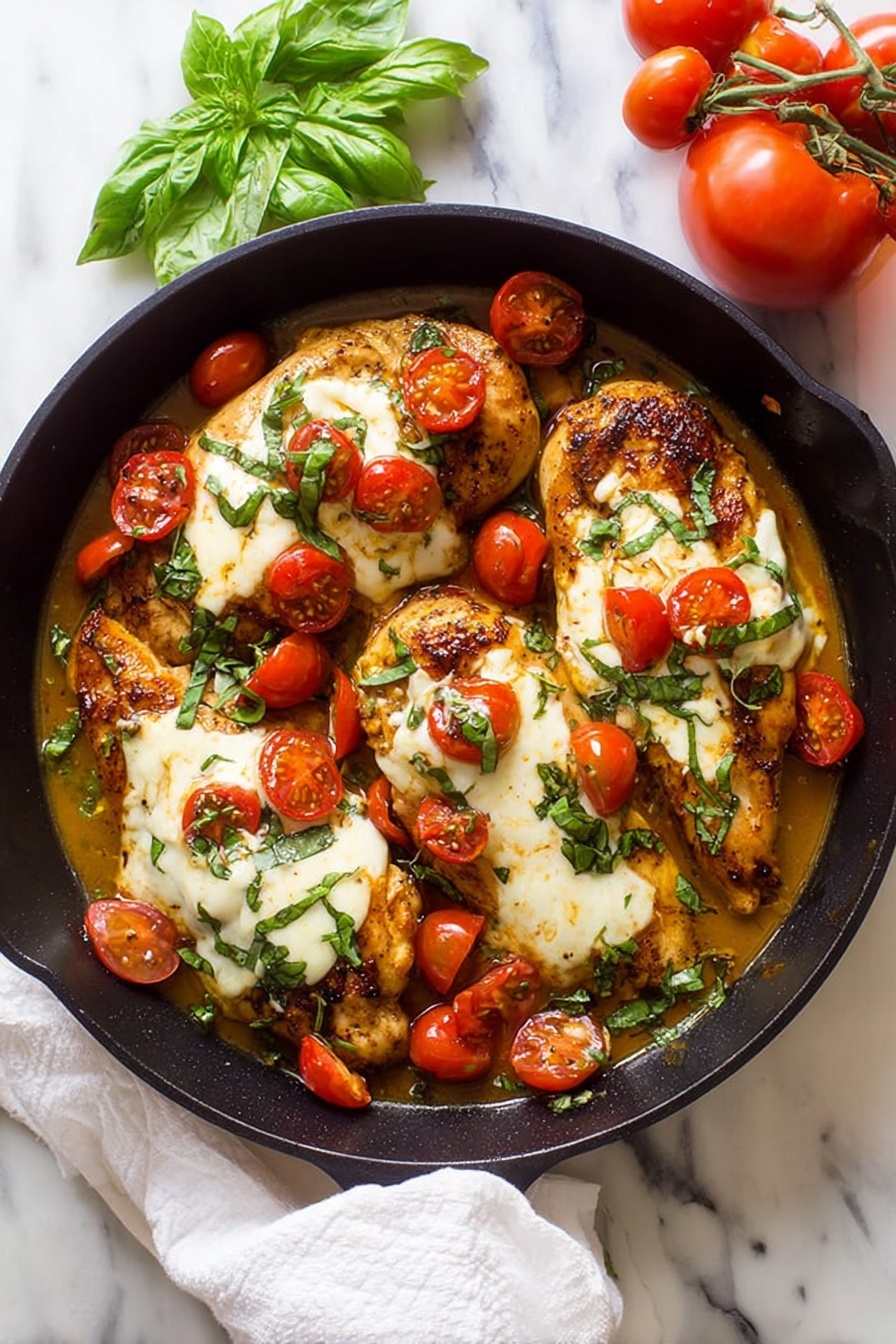 Balsamic Chicken with Tomato Mozzarella, easy chicken dinner recipes, flavorful chicken skillet, healthy chicken recipes, quick weeknight meals - A black skillet holds four brown, cooked chicken fillets layered with melted white cheese on top. Around and on the chicken are bright red cherry tomatoes, some whole and some sliced in halves, mixed with green basil leaves. The chicken sits in a light brown sauce that fills the skillet. The skillet rests on a white marbled surface with a white cloth underneath and fresh red tomatoes and green basil leaves are visible at the top corner. Photo taken with an iphone --ar 2:3 --v 7