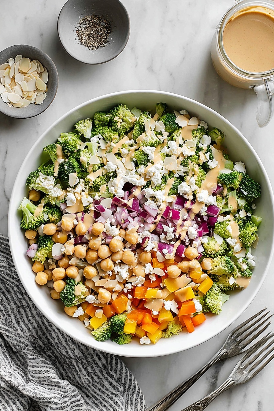Broccoli Chickpea Salad with Lemon Tahini Dressing, healthy broccoli chickpea salad, lemon tahini dressing recipe, vegan salad ideas, easy veggie salad - A white bowl filled with a colorful chopped salad showing three clear layers: a base layer of small broccoli florets and chunks of celery creating a dense green texture, a middle layer with light-colored chickpeas and bright orange bell pepper pieces scattered evenly, and a top layer with small cubes of purple onion and white crumbled cheese spread across, topped lightly with thin almond slices and a creamy tan dressing drizzled over. Around the bowl are a gray and white striped cloth, a white marbled surface, a spoon in a small jar of creamy dressing, a small gray dish with salt and pepper, and a fork and knife nearby, photo taken with an iphone --ar 2:3 --v 7