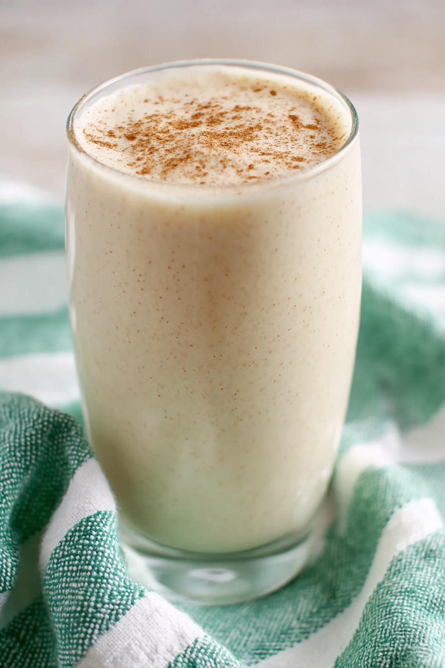 Vanilla Chai Protein Shake, Vanilla Chai Protein Smoothie, Healthy Chai Protein Drink, Protein Shake with Spices, Cozy Morning Protein Shake - A tall clear glass filled with a beige creamy drink topped with a sprinkle of light brown powder. Two white and gray striped paper straws are placed vertically in the drink. The glass is set on a white marbled surface with a light blue cloth with white stripes loosely wrapped around the base. The background is soft and blurred with a mix of white and light blue colors. photo taken with an iphone --ar 2:3 --v 7