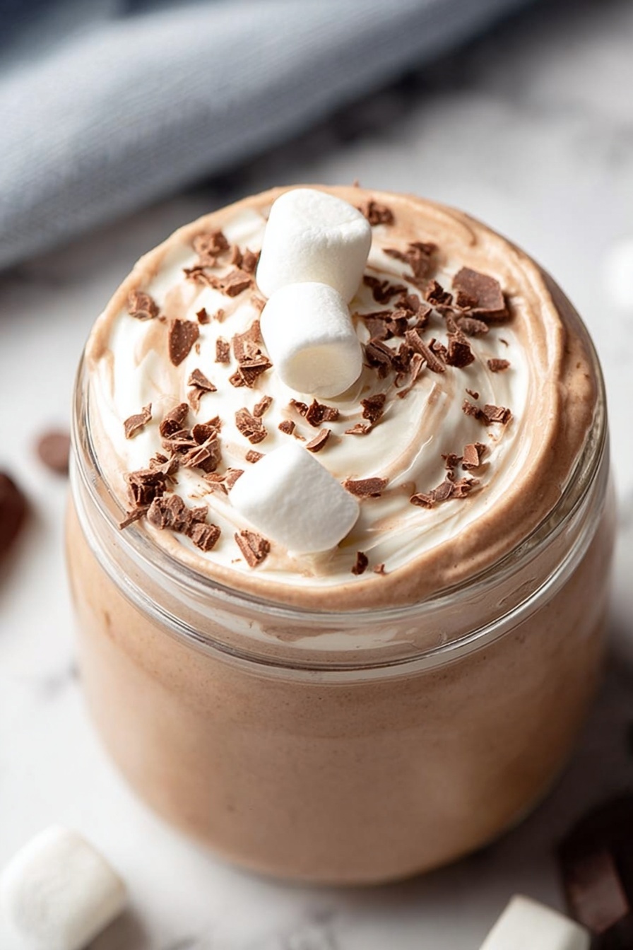 Whipped Hot Chocolate, decadent hot chocolate, fluffy hot cocoa, chocolate drink, cozy winter beverages - The image shows a close-up of a clear jar filled with a smooth, light brown creamy mixture, topped with a swirl of whipped texture. On top are three small white marshmallows and some small chocolate shavings scattered over the surface of the cream. The jar is placed on a white marbled surface with blurred background details, creating a soft and inviting look. photo taken with an iphone --ar 2:3 --v 7