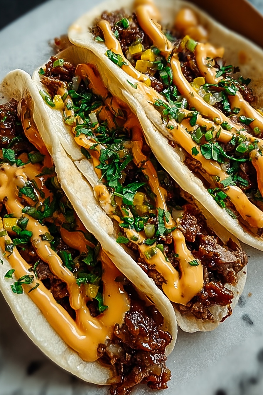 Honey BBQ Garlic Beef Tacos, flavorful beef tacos with honey and BBQ, easy taco recipes for weeknights, savory garlic beef tacos, smoky beef taco ideas - Two soft white tortillas each hold a thick layer of cooked, dark brown meat topped with some crispy bits. Over the meat there is a smooth, light tan sauce drizzled unevenly, with a bright orange sauce layered in thin lines on top. Small green pieces, likely chopped herbs, are scattered over everything. The tacos are placed close together inside a white container. The background is a white marbled surface. photo taken with an iphone --ar 2:3 --v 7