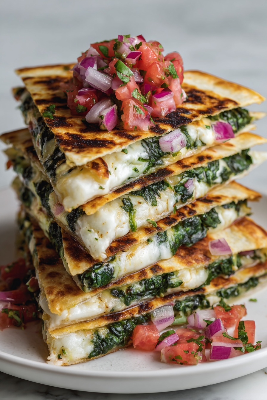 Mediterranean Spinach Feta Quesadillas, easy Greek-inspired quesadillas, quick spinach feta quesadilla recipe, flavorful vegetarian quesadillas, healthy weeknight quesadillas - The image shows a stack of three golden-brown quesadilla wedges on a wooden board. Each wedge has a crispy, slightly charred tortilla exterior with melted white cheese and green leafy spinach inside. The top quesadilla wedge is garnished with small red tomato pieces, chopped purple onion, white crumbled cheese, and fresh green herbs scattered over and around the quesadillas. The background surface is a white marbled texture with a white bowl filled with salad partially visible in the upper right corner. Photo taken with an iphone --ar 2:3 --v 7
