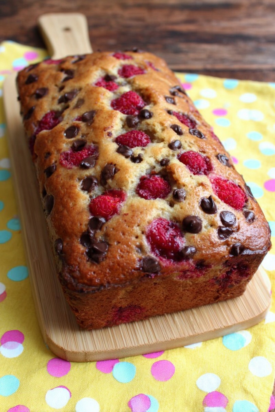 Raspberry Chocolate Banana Bread, easy raspberry banana bread, moist banana bread with raspberries and chocolate, healthy banana bread with berries, decadent banana bread loaf - A rectangular loaf of cake with a golden brown top is studded with scattered dark chocolate chips and bright red raspberry pieces. The cake's texture looks soft and moist, with the raspberries and chocolate slightly sunk but clearly visible on the surface. The loaf sits on a wooden paddle board, which is placed on a yellow cloth with pink, white, and light blue polka dots. photo taken with an iphone --ar 2:3 --v 7
