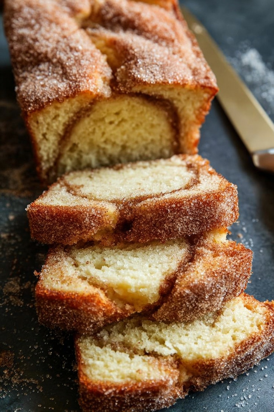 Cinnamon Sugar Donut Bread, cinnamon swirl bread, sweet breakfast bread, easy donut bread recipe, flavorful cinnamon bread - The image shows a loaf of cinnamon sugar quick bread with several slices cut and stacked. The bread has a golden brown crust coated with coarse sugar, giving it a sparkly, textured top layer. Inside, the bread is light yellow with a soft and moist texture, and a thin swirl of cinnamon runs through the middle of each slice. The loaf rests on a dark surface with a knife in the background. photo taken with an iphone --ar 2:3 --v 7