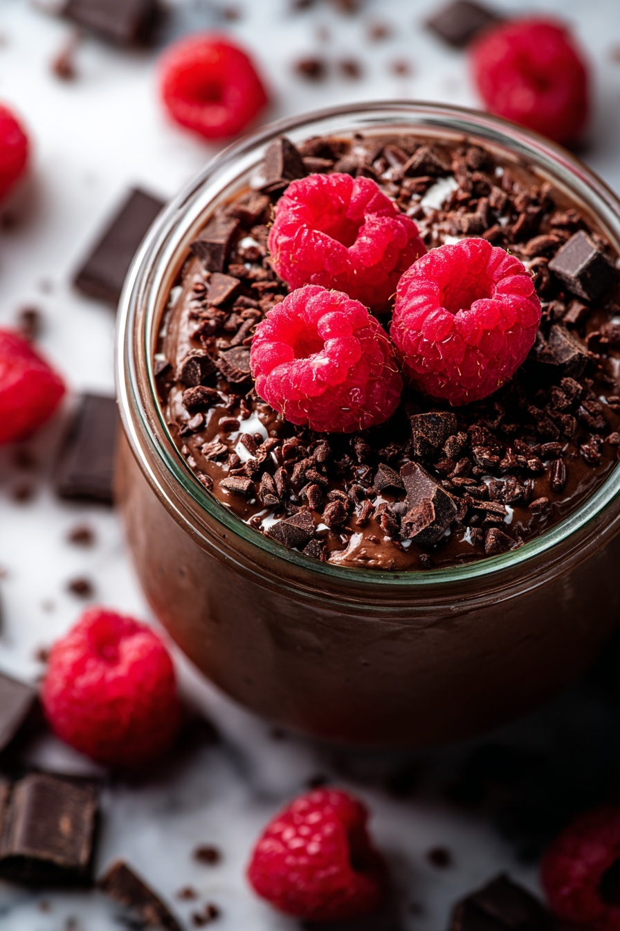 Dark Chocolate Raspberry Overnight Oats, healthy overnight oats with chocolate and raspberries, quick breakfast ideas, chocolate berry oats, indulgent healthy breakfast - A close-up view of a glass jar filled with a thick dark chocolate mousse layer, topped with a mix of dark chocolate chunks and small dark sprinkles spread unevenly, and three bright red raspberries placed on top near the center, all sitting on a white marbled surface scattered with dark chocolate pieces and additional raspberries around it, photo taken with an iphone --ar 2:3 --v 7