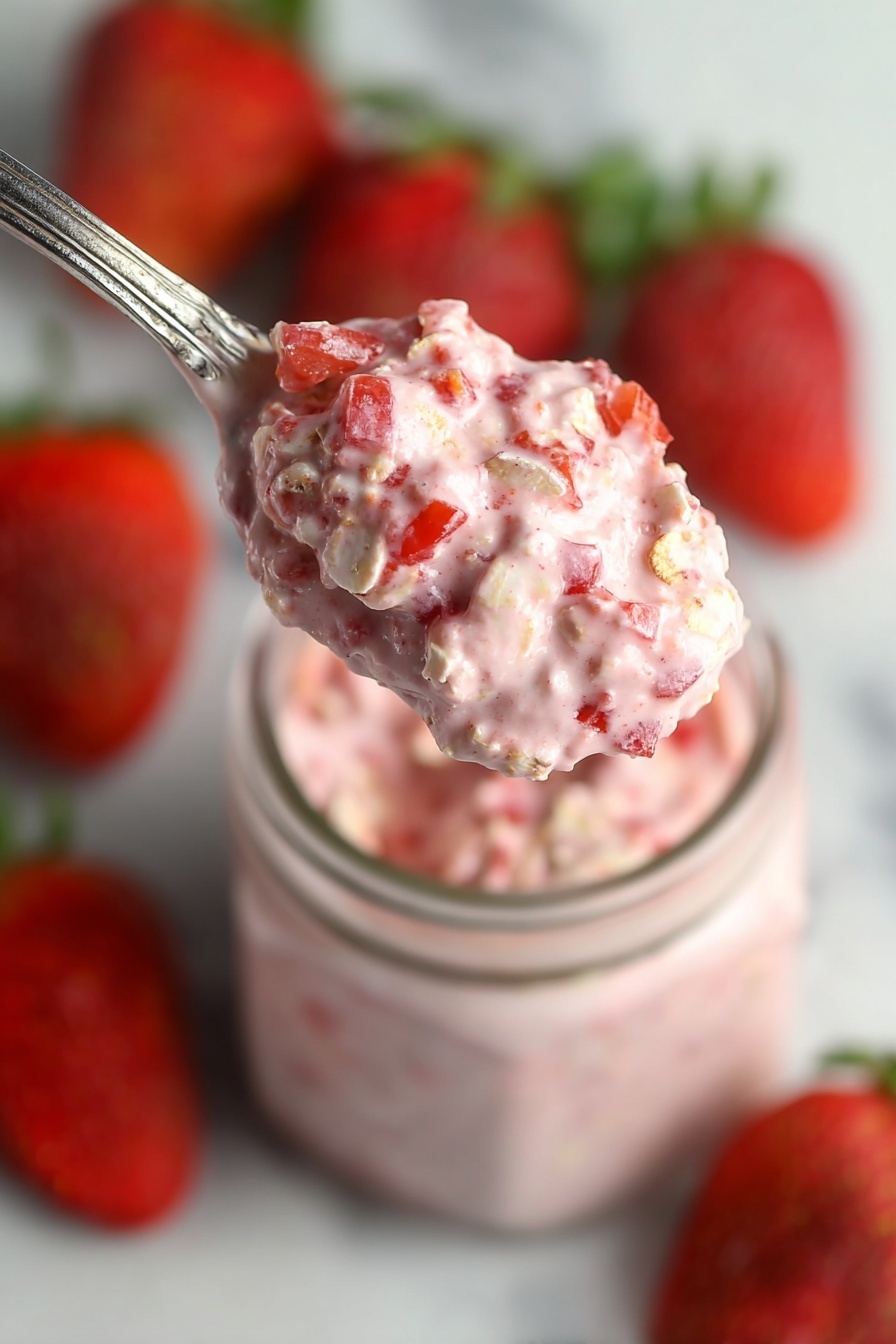 Strawberries and Cream Overnight Oats, healthy overnight oats with strawberries, easy no-cook breakfast ideas, nutritious strawberry breakfast, creamy fruit overnight oats - A close-up of a spoon holding a creamy pink mixture with small pieces of red strawberries and oats, showing a thick and textured consistency with visible grains and fruit bits. The spoon is held above a glass jar filled with the same pink mixture, and fresh whole strawberries with green tops are placed around on a white marbled surface. The background is softly blurred to keep focus on the spoonful. photo taken with an iphone --ar 2:3 --v 7