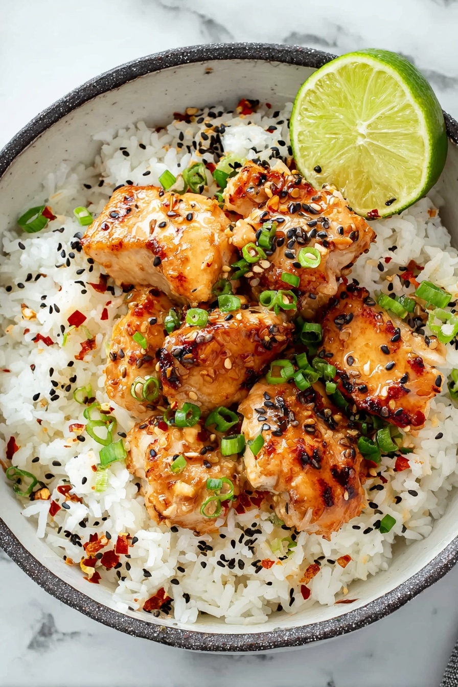 Bang Bang Salmon Bites with Spicy Sauce, salmon bites with spicy sauce, easy salmon appetizer, spicy salmon snacks, quick seafood appetizers - A white bowl filled with a base layer of fluffy white rice, sprinkled with black and white sesame seeds and small red chili flakes. On top, there are several pieces of grilled chicken in golden-brown with a light shiny sauce covering them, garnished with chopped green onions. A fresh lime wedge is placed on the side of the bowl. The bowl is set on a white marbled surface. photo taken with an iphone --ar 2:3 --v 7