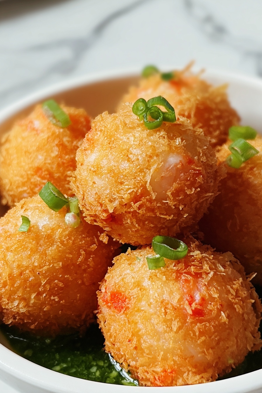 Crispy Shrimp Balls, shrimp snack recipes, easy appetizer ideas, crunchy seafood bites, homemade shrimp appetizer - The image shows a close-up of round fried balls with a crisp golden-brown texture, some with small bits of orange inside, possibly shrimp or carrot. They are garnished with small pieces of chopped green onions on top, adding a fresh contrast in color. These balls sit closely together in a white bowl with a smooth green sauce at the bottom, enhancing the look with a fresh layer beneath the fried pieces. The background surface is white marble, clean and bright, making the dish stand out clearly. photo taken with an iphone --ar 2:3 --v 7