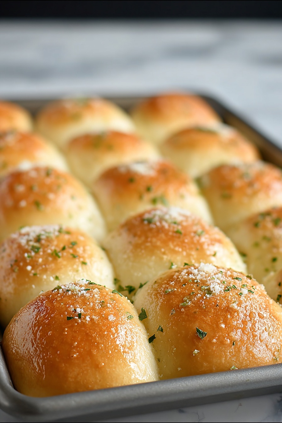 Garlic Parmesan Dinner Rolls, garlic parmesan bread, easy dinner rolls, cheesy garlic rolls, quick homemade bread - The image shows a tray filled with twelve golden-brown bread rolls, arranged in three rows of four. Each roll is shiny and soft with a slightly rounded top, sprinkled with small bits of green herbs and a light dust of white flour or cheese. The bread rolls appear fluffy and freshly baked, sitting snugly next to each other in a gray metal baking pan. The background is a white marbled surface, and there is a soft focus on the rolls in the back. photo taken with an iphone --ar 2:3 --v 7