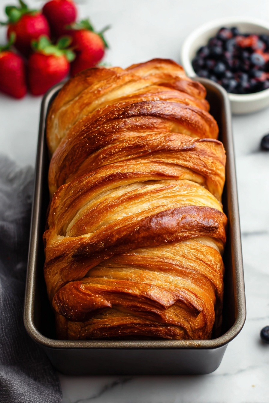 Croissant Bread Loaf Recipe, buttery laminated bread, flaky croissant loaf, homemade croissant bread, breakfast bread recipe - A loaf of golden brown bread with many visible layers, showing a soft and flaky texture, sits in a dark metal rectangular pan. The bread has a top that is slightly rounded with layers twisting and turning, creating stripes of light and dark brown tones. The background is a white marbled surface with fresh red strawberries and a small white bowl filled with dark blueberries near the pan, enhancing the warm and fresh feeling of the scene. photo taken with an iphone --ar 2:3 --v 7