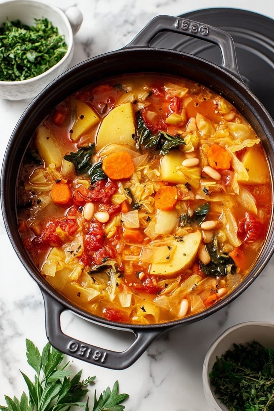 Healthy Cabbage Soup, healthy cabbage soup recipe, nourishing cabbage soup, low-calorie vegetable soup, hearty cabbage soup - The image shows a black pot filled with a colorful vegetable soup on a white marbled surface. The soup has several layers visible: a red-orange broth with pieces of light yellow potatoes, orange carrot slices, white and green cabbage chunks, small white beans with black spots, and red tomato pieces mixed throughout. There are fresh green leafy herbs in a separate white bowl nearby, and some fresh green herbs are also placed next to the pot. The pot has a lid resting on the side. photo taken with an iphone --ar 2:3 --v 7