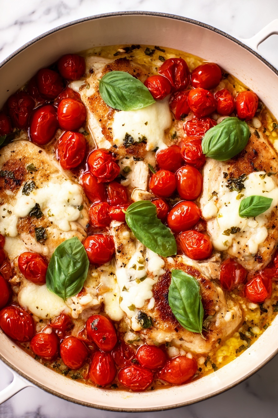 Balsamic Chicken with Tomato Mozzarella, easy chicken dinner recipes, flavorful chicken skillet, healthy chicken recipes, quick weeknight meals - The dish shows a white round pan filled with four layers of cooked chicken pieces topped with melted white cheese. Around and on top of the chicken, there are many red halved cherry tomatoes scattered evenly. Bright green basil leaves are placed on top, adding a fresh color contrast. The sauce in the pan is lightly golden and slightly oily, surrounding the chicken and tomatoes. The pan rests on a white marbled surface. photo taken with an iphone --ar 2:3 --v 7