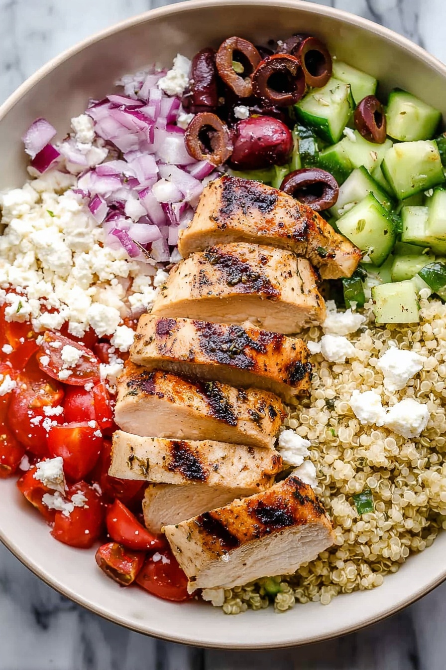 Greek Chicken Quinoa Bowl, Mediterranean chicken quinoa salad, healthy Greek bowl, easy Greek chicken recipe, flavorful quinoa and chicken meal - The image shows a white bowl filled with a colorful healthy dish. At the center, there are four thick slices of grilled chicken with brown grill marks and a light golden color. Surrounding the chicken are four different sections: diced green cucumber mixed with black olives and crumbled white cheese, chopped red tomatoes mixed with small pieces of red onion and black olives, white crumbled cheese, and a base of light beige quinoa. The background is a white marbled surface. photo taken with an iphone --ar 2:3 --v 7